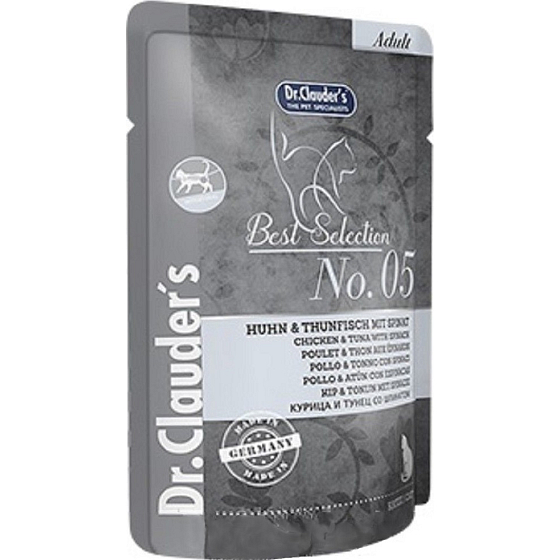 Dr. Clauders Best Selection No. 5 Kuracie mäso s tuniakom a špenátom kompletné krmivo s kúskami mäsa pre mačky kapsička 85 g