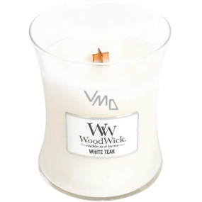 Woodwick White Teak - Biely teak vonná sviečka s dreveným knôtom a viečkom sklo stredná 275 g
