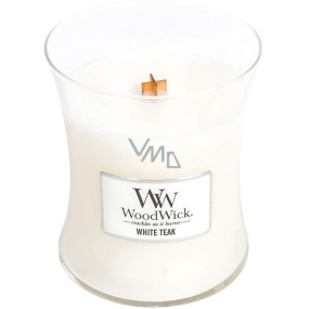 Woodwick White Teak - Biely teak vonná sviečka s dreveným knôtom a viečkom sklo stredná 275 g