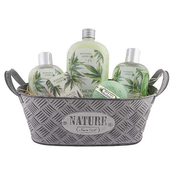 Bohemia Gifts Cannabis Konopný olej sprchový olej 250 ml + toaletné mydlo 100 g + kúpeľová pena 500 ml + šumivé bomba 100 g darčeková ošatka