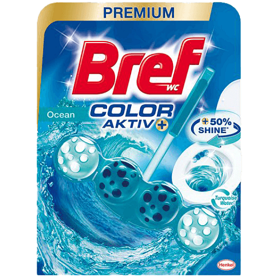 Bref Color Aktiv Ocean WC blok na hygienickú čistotu a sviežosť Vašej toalety, obarvuje vodu do tyrkysového odtieňa 50 g