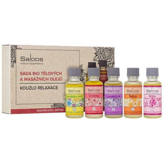 Saloos Magic of Relaxation Erotica Massage Oil 20 ml + Rose Body and Massage Oil 20 ml + Relax Body and Massage Oil 20 ml + Lavender Body and Massage Oil 20 ml + Nine Flowers Body and Massage Oil 20 ml, kozmetická sada pre ženy