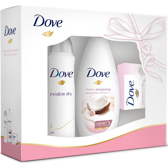 Dove Kokosové mlieko a kvety jazmínu sprchový gél 250 ml + antiperspirant sprej 150 ml + toaletné mydlo 100 g, kozmetická sada