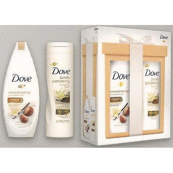 Dove Purely Pampering Bambucké maslo a vanilka vyživujúce sprchový gél 250 ml + Purely Pampering telové mlieko s bambuckým maslom a jemnou vôňou vanilky 250 ml, kozmetická sada