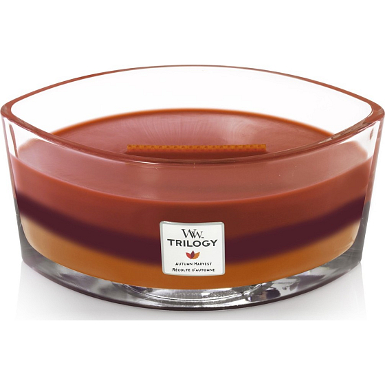 Woodwick Trilogy Autumn Harvest - Jesenný zber vonná sviečka s dreveným širokým knôtom a viečkom sklo loď 453 g