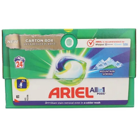 Ariel All in1 Pods Gélové kapsuly Mountain Spring na pranie bielej a svetlej bielizne dlhotrvajúca vôňa 24 kusov