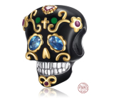 Charm Striebro 925 Lebka čierna a zlatý kríž, korálka na náramok Halloween