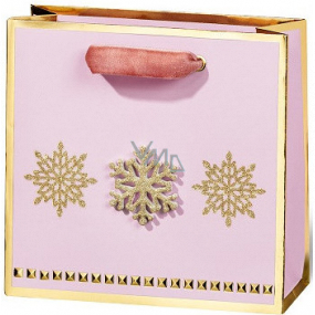 BSB Luxusná darčeková papierová taška 14,5 x 15 x 6 cm Vianočné ružová so zlatými vločkami VDT 447 CD