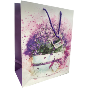 Nekupto Papierová darčeková taška 32,5 x 26 x 13 cm Fialové kvety v kvetináči