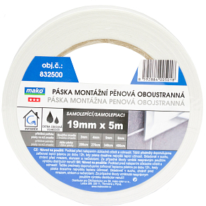 Mako montážna páska na zrkadlá, obojstranná, penová, šírka 19 mm, dĺžka 5 m Mako montážna páska na zrkadlá, obojstranná, penová, šírka 19 mm, dĺžka 5 m