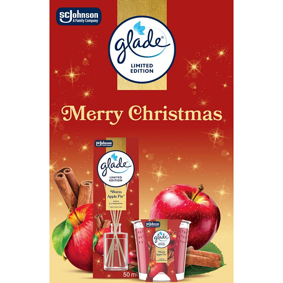 Glade Merry Christmas Warm Apple Pie jablko a škorica vonné tyčinky a vonná svíčka 50 ml + 112 g, darčeková sada