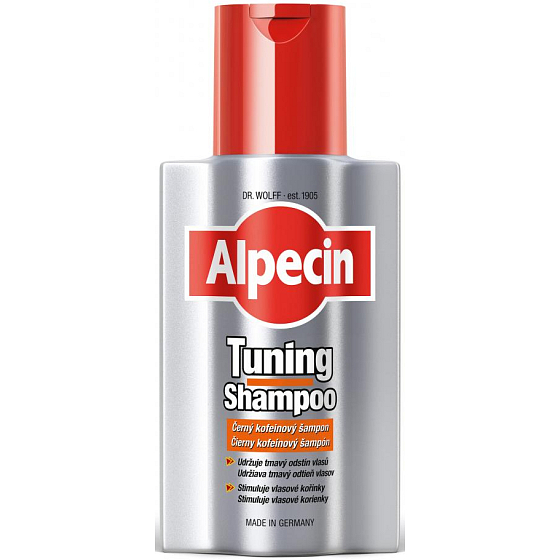 Alpecin Tuning Čierny kofeínový šampón proti vypadávaniu vlasov zafarbí šediny 200 ml