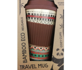 Cozy Time Bamboo Eco Ethnic bambusový ekologický termohrnček + silikónové viečko hnedý, farebné ornamenty 450 ml