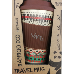 Cozy Time Bamboo Eco Ethnic bambusový ekologický termohrnček + silikónové viečko hnedý, farebné ornamenty 450 ml