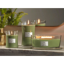 Woodwick Hemp & Ivy - Konope a brečtan vonná sviečka s dreveným širokým knôtom a viečkom loď 453 g