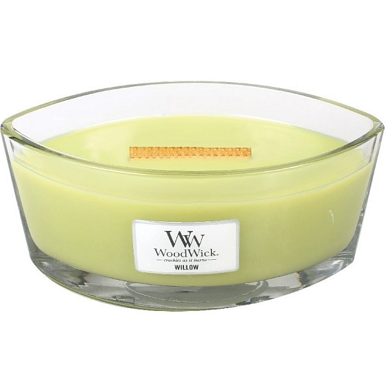 Woodwick Willow - Vrbové kvety vonná sviečka s dreveným širokým knôtom a viečkom sklo loď 453 g
