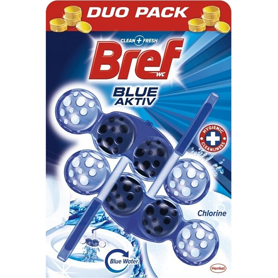 Bref Blue Aktiv Chlorine WC blok pre hygienickú čistotu a sviežosť vašej toalety, zafarbí vodu do modrého odtieňa 2 x 50 g